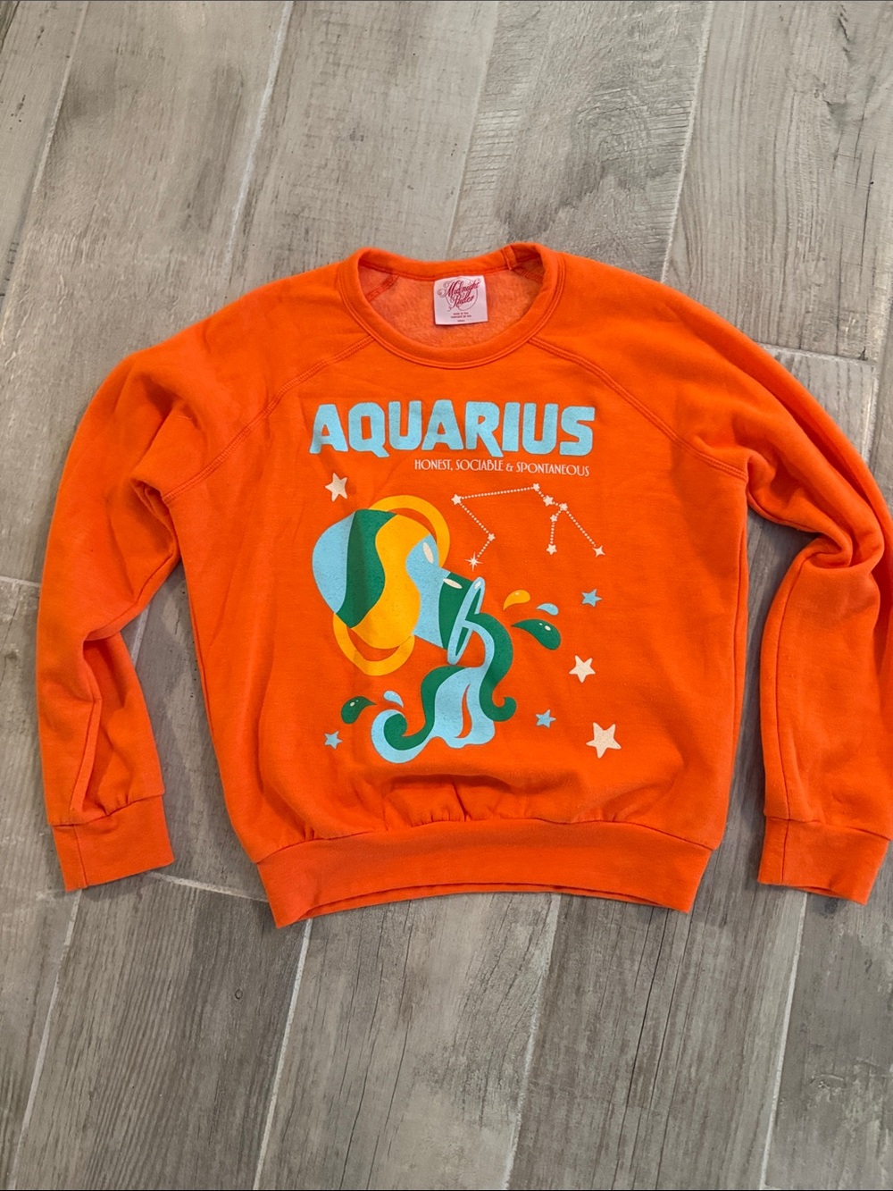 Midnight Rider Aquarius Graphic Crewneck - Orange with Teal & Yellow Artwork